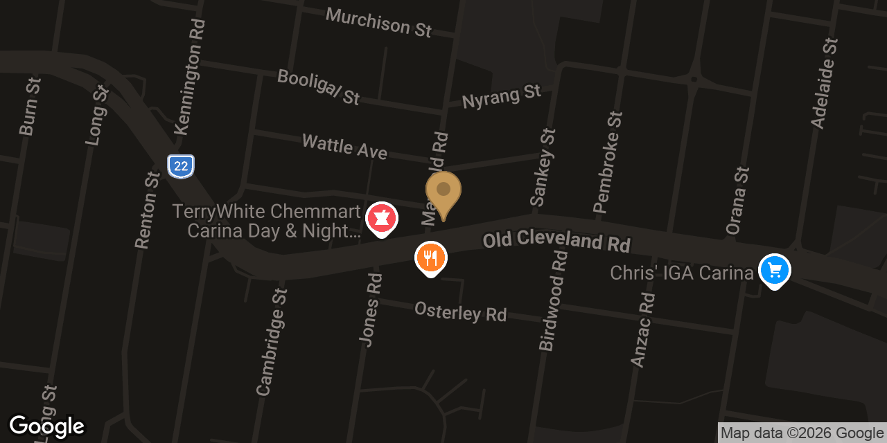 Map showing the location of Poppy’s Paradise Massage -Carina